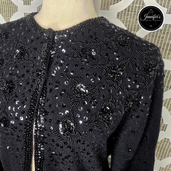 Cécile Bermuda Vintage Black Lambswool Angora Sequin Beaded Cardigan Size 12 - Picture 2 of 16